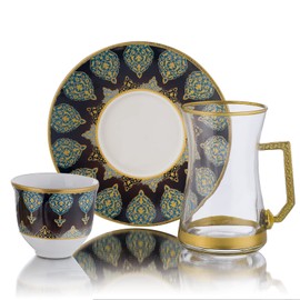 Decostyle Turkish Tea Set, Pasabahce Tea Glass and Plate Set (Set of 6), Tea Time Vintage Handmade Set,Design Tea Set by Turkish Glass Masters, Capacity: 5 1/4 US oz