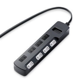Elecom AVT-K6A-2450BK Power Strip, Lightning Guard, Individual Switch, Dust Shutter Included, Swing Plug, 4 Outlets, 12.0 ft (5 m), Black