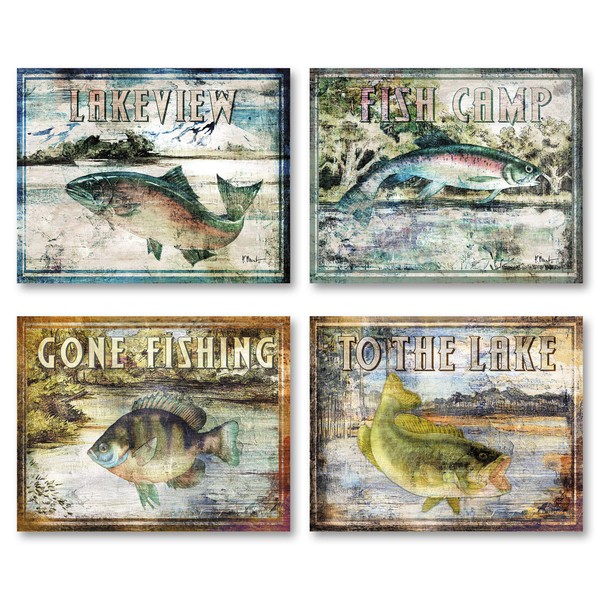 Gango Home Decor Classic Outdoors Fishing Signs: Lakeview, Fish Camp, Gone Fishing, to The Lake; Four 14x11 Prints
