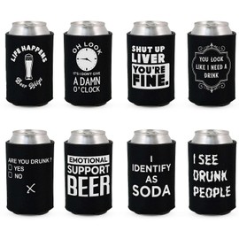 Funny Beer Party Sayings Can Sleeve Cooler Insulated Drink Coozies Soda Beer Hugger Coolies (Black, 8 Pk)