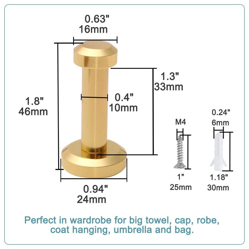 sourcing map 4pcs Wall Hook Copper Wall Mounted 1.8 Inch