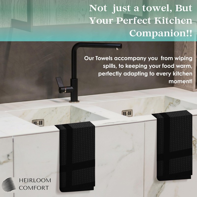 HEIRLOOM COMFORT 5 Pack Black Waffle Weave Kitchen Towels, 16x26