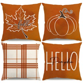 KISVODS Fall Pillow Covers 18x18 Set of 4 Farmhouse Thanksgiving Decorations Maple Leaf Pumpkin Orange Plaid Fall Outdoor Decorative Throw Pillow Covers Autumn Cushion Case for Couch Sofa