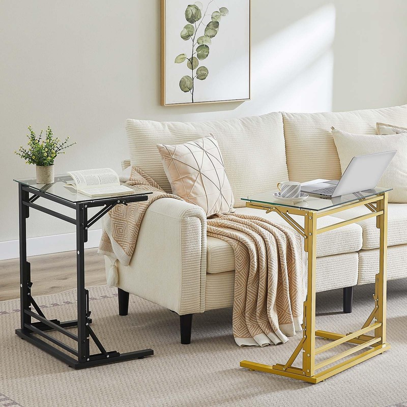 Tatub 24" Folding C Shaped End Table, Small Tempered Glass