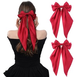 2PCS Big Hair Bow Clips for Women Girls – Red Satin Ribbon Bow Barrettes with Long Tails, Large Hair Accessories for Ponytail, Holiday, Party & Date Night