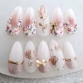 Almond Press on Nails Medium Fake Nails French Tip False Nails with Gold Designs Stick on Nails Bow Charm Glue on Nails Cute Sparkly Artificial Nails for Women 24pcs