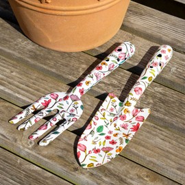 White Floral Garden Tool Set Metal Trowel And Fork Summer Flower Print Giftboxed