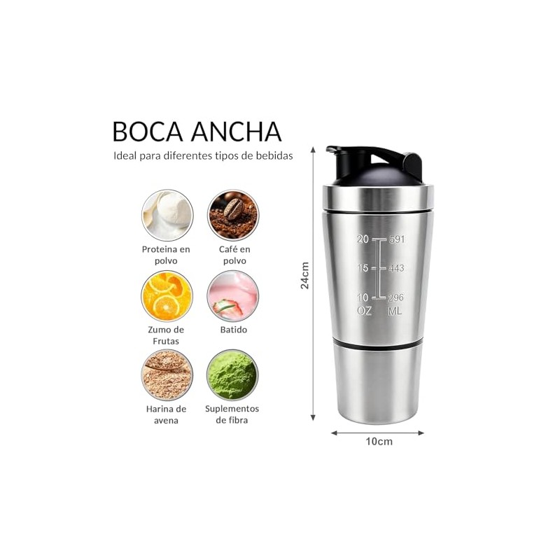 600ML Botella para Proteina de Coctelera de Acero Inoxidable