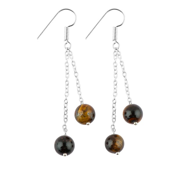 TGH Natural Tiger Eye Beads Crystals Drop Earring, Round Beads