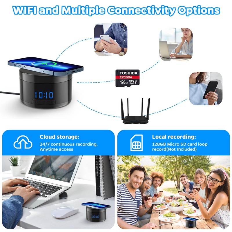 Indoor Camera with Clock and Wireless Charging, 1080P WiFi Cameras