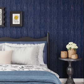 CRE8TIVE Blue Linen Textured Wallpaper Faux Grasscloth Wall Paper for Bedroom Peel and Stick Wallpaper Dark Blue Vinyl Wrap for Furniture Waterproof Bathroom Contact Paper Kitchen Cabinets 30cmx200cm