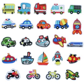 YFFSFDC Vehicle Patches 24-Piece Set, Embroidered Patches, Car/Boat/Rocket/Motorcycle/Bicycle/Airplane Applique, Iron-On Patches, Repair, DIY, Boys, Children, Kindergarten, Nursery, Celebration, Gift