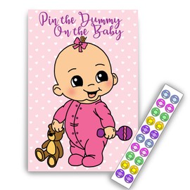 Pin the Dummy on the Baby - Pink/Girl- 20 Players - Baby Shower Party Game!