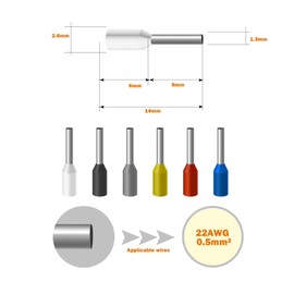 Fidioto 250pcs 22AWG Wire Ferrules, Crimp Terminal Connector Sleeves for Electric, Industrial, Chemical Industry, Power Control System, etc.