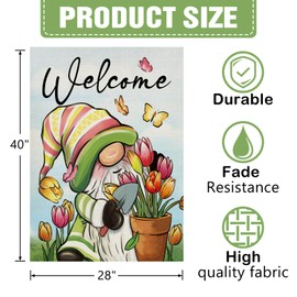 Dyrenson Welcome Spring Gnome 28 x 40 House Flag Double Sided, Tulip Flower Pot Garden Yard Decorations, Seasonal Butterfly Burlap Outdoor Decor Decorative Large Flag
