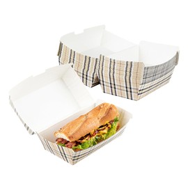 Restaurantware Bio Tek 6.7 x 3.5 x 3.5 Inch Clamshell Food Containers 100 Disposable Sandwich Containers - Hinged Lid Tab-Lock Closure Plaid Paper Hot Dog Containers Durable Greaseproof