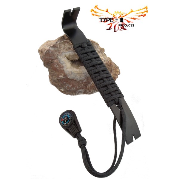 (Black) Type-III Apocalypse Pry Bar with 7 Strand 550 Paracord Wrapped Handle and Mini Compass