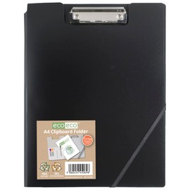 eco-eco A4 50% Recycled Black Clipboard Folder with Inside and Back Storage Pocket, Pen Holder, 1 Black, 1 Clear (Pack of 2)