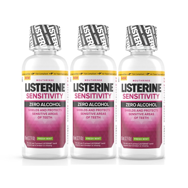 Listerine Sensitivity Mouthwash, Zero Alcohol Mouth Rinse, Fresh Mint, Travel Size 3.2 Ounces (95ml) - Pack of 3