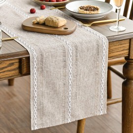 Artoid Mode - Camino de mesa de lino de algodón rústico café, bordado calado de temporada, decoración de mesa de cocina y comedor para decoración del hogar, fiesta, 13 x 72 pulgadas