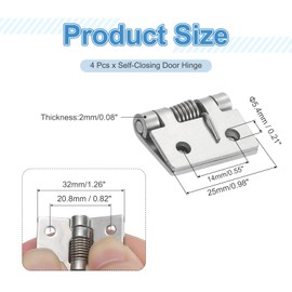 sourcing map 4Pcs Spring Hinge, 1" Length 304 Stainless Steel Spring Loaded Hinges, Self-Closing Cabinet Hinges for Left and Right Hand Doors Cabinet Closet DIY Hardware, Silver (Exterior)