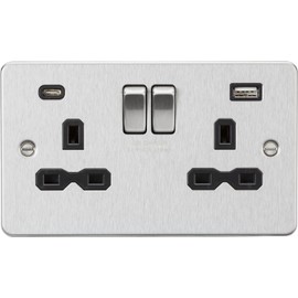 13A 2G SP Switched Socket with Dual USB A+C (5V DC 4.0A shared) - Brushed Chrome with Black Insert