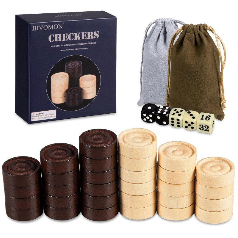 Bivomon Classic Wooden Checkers Stackable Pieces, Backgammon Pieces, Set of