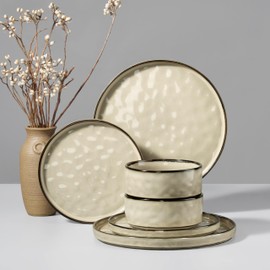 HaWare Dinnerware Sets, 6-Piece Plates and Bowls Set, Stoneware Dish Set for 2, Ceramic Dinnerware for Home Restaurant, Chip and Scratch Resistant, Microwave and Dishwasher Safe, Saturn Khaki