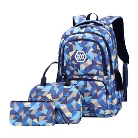 JiaYou Girl Geometric Printed Primary Junior High University School Bag Bookbag 3pcs Backpack Sets(2# Blue-3pcs,19 L)