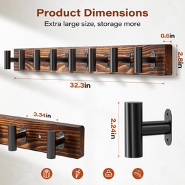 Orapoke 32.3" Coat Rack Wall Mount, Pine Soild Wood Coat Hanger with 8 Black Metal Heavy Duty T Shaped Hooks, Rustic Large Coat Hooks Wall Mounted for Entryway, Living Room, Bathroom