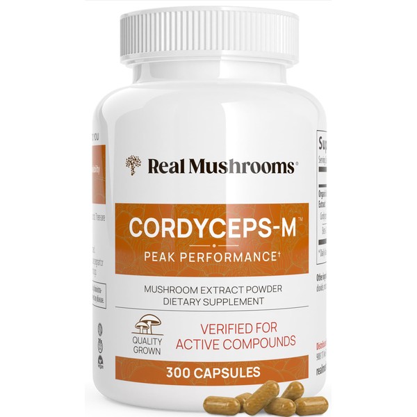 Real Mushrooms Cordyceps Capsules - Performance Mushroom Extract Supplement with Organic Cordyceps Militaris for Energy & Immune Support - Vegan Cordyceps Mushroom Supplement, Non-GMO, 300 Caps