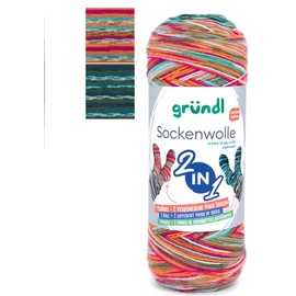 Gründl 2-in-1 Sockenwolle, 75% Schurwolle 25% Polyamid, 200g/840m, für 2 Paar Socken, Nadelstärke 2-3mm (02)