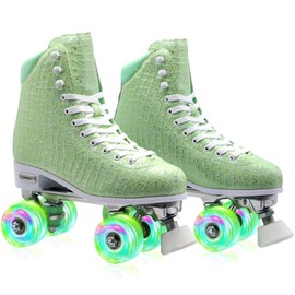 SMOOJOY Roller Skates for Women Girls and Kids, Light Up Wheels - Green Quad Outdoor PU Leather High-Top Design Derby Rollerskates for Beginners Youth Sizes 2 3 4 5 6 7 8 9 10 11