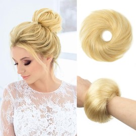 SPIKFN 1PCS Messy Bun Hair Piece Human Hair Natural Curly 100% Real Human Hair Chignons Scrunchies Fluffy for Women Bun Donut Updo Hair Pieces Extension (#613 Bleach Blonde)