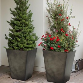 KOL 25'' & 28'' Tall Glazed Planter with Saucer, Set of 2, Galvanized Steel Planter Metal Pots for Indoor & Outdoor Use, Decorative Flower Plant Pots with Drainage Hole for Porch, Patio, Deck - Black