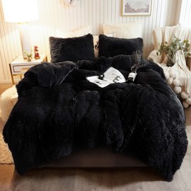 XeGe Plush Shaggy Duvet Cover Luxury Ultra Soft Crystal Velvet Bedding 1PC(1 Faux Fur Duvet Cover),Zipper Closure (Twin, Black)