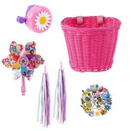 Kids Bike Basket, Bike Basket Front Bike Accessories for Girl Boys, Woven Bicycle Basket with Stickers, Bike Bell, Windmill, and 1pairs Pink Tassels