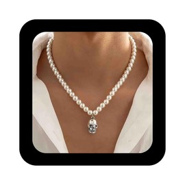 Enautoabs Vintage Pearl Necklace Silver Skull Pendant Necklaces Strand White Pearl Choker Necklace Imitation Pearls Beaded Necklaces Chain Jewelry for Women