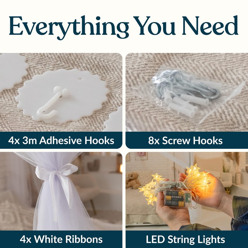 Canopy Bed Curtains with Lights, White Bed Canopy For Girls