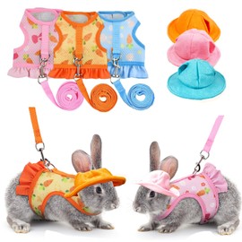 Set of 3 Bunny Harness Leash Sets with Matching Summer Hats - Adjustable, Escape-Proof, Breathable Vest - Soft and Safe Material