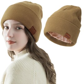 DRESHOW Satin Lined Beanie Hats for Women Men Stretchy Knitted Cuffed Hat with Silky Lining Unisex Soft Warm Winter Solid Skull Cap