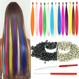 YUDAOHAIR Synthetic Colored Hair Extensions for Women 20 Inch Hairpieces With 100pcs Silicone Micro link Beads And 2 Crochet Hooks (20'', 13 colored hair mix colors)