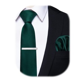 YourTies Skinny Tie for Men 2.4" Satin Emerald Green Slim Necktie with Pocket Square Tie Clip Set Wedding Party Business