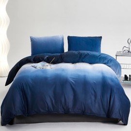 KAREVER Blue White Gradient Comforter Set Queen Blue Velvet Bedding Comforter Modern Plain White and Royal Blue Gradient Soft Quilt Farmhouse Flannel Comforter Warm Queen Bed Comforter