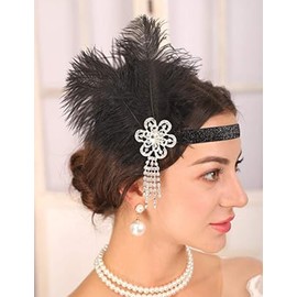 Teyglen Flapper Headband 1920s Headpiece Vintage Black Feather Headband with Rhinestone Flower Roaring 20s Feather Headpiece Hair Accessories for Women