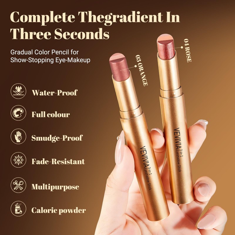 Vevivia 2pcs 3 Color Eyeshadow Stick,Waterproof Glitter Highlighter Stick, Long