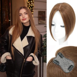 Hair Toppers for Women Real Human Hair， 360° 3D Cover Hair Topper Clip in Bangs 10 Inch Realistic Scalp Pieces for Women with Thinning Crown (Light Brown, Side Bangs)