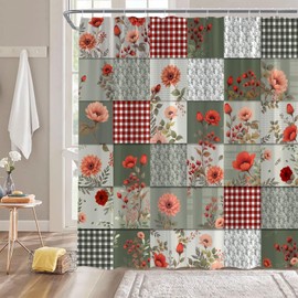 FJLLFJ Boho Patchwork Shower Curtain,Floral Plaid Checkered Farmhouse Vintage Rustic Flower Sage Green Red Polyester Bathroom Curtain with 12 Hooks,Bathtub Home Decor,70x70 Inch
