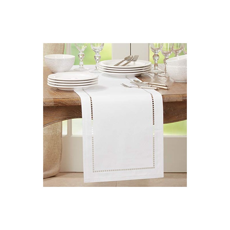 SARO LIFESTYLE Hadleigh Collection Laser-Cut Hemstitch Table Runner, 14" x
