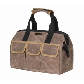 Tool Bag, Durable 16oz Waxed Canvas Wide Mouth Water-Resistant Electrician Tool Bag, Tool Tote with Handle for Tools, Wrenches, Screwdrivers (15 X 7.8 X 11.5 Inch) | Grey